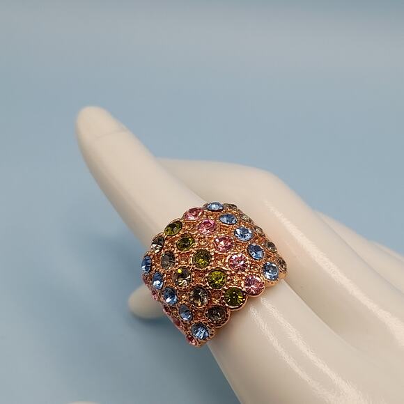 Multicolored Rhinestone Wide Band Ring, Rose Gold Tone, Size 7.75 - Picture 11 of 14